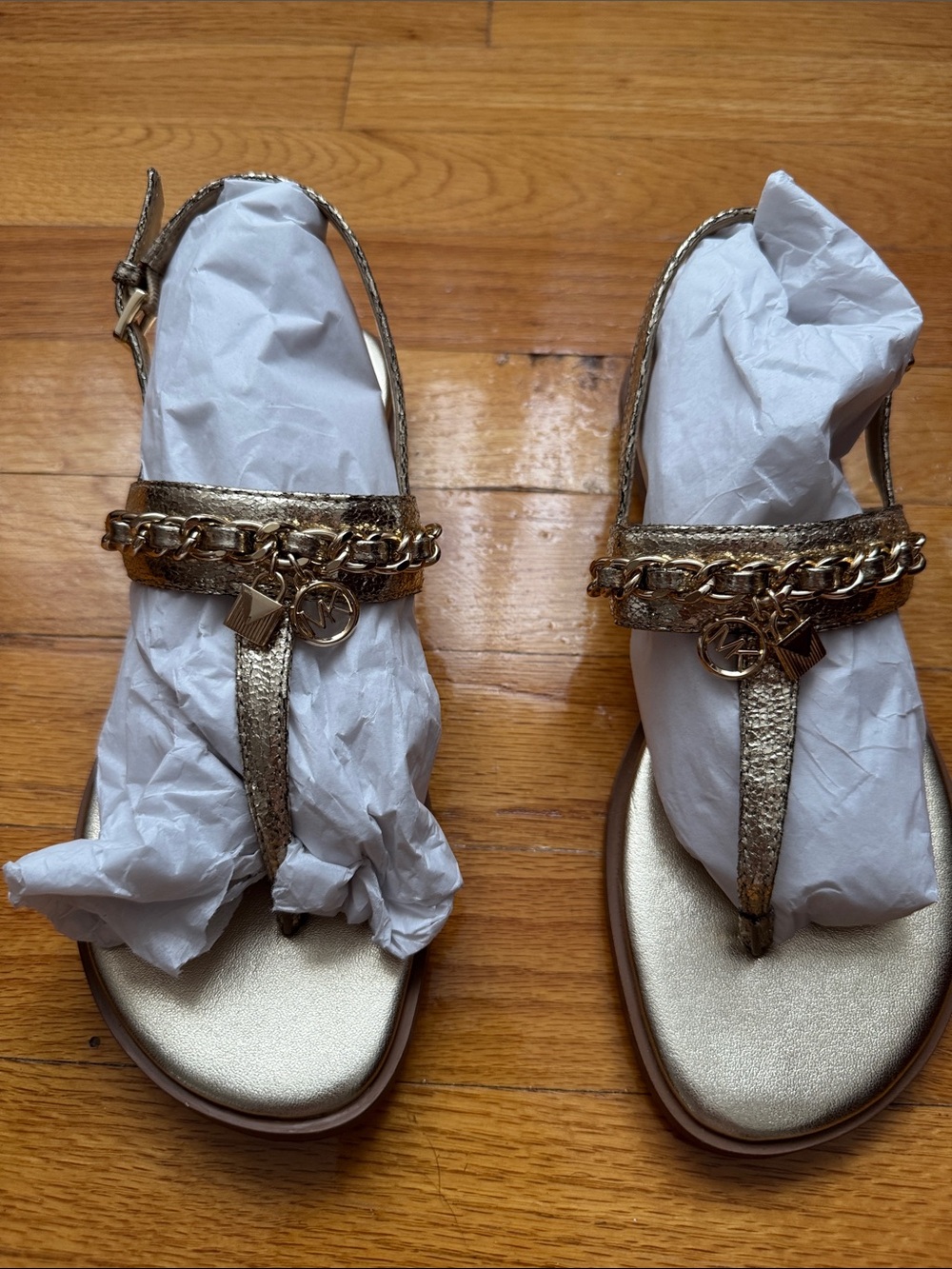Michael Kors Metallic Gold Chain T-Strap Sandals